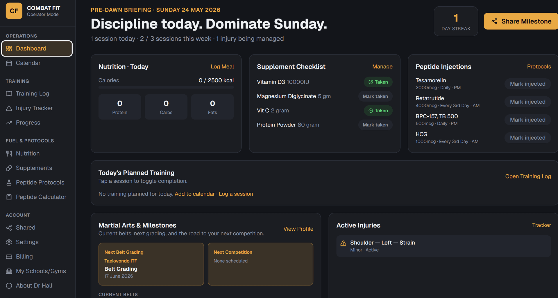 Combat FIT Competition Readiness dashboard showing Training Load, Recovery, Injury Status and Mental Readiness scores